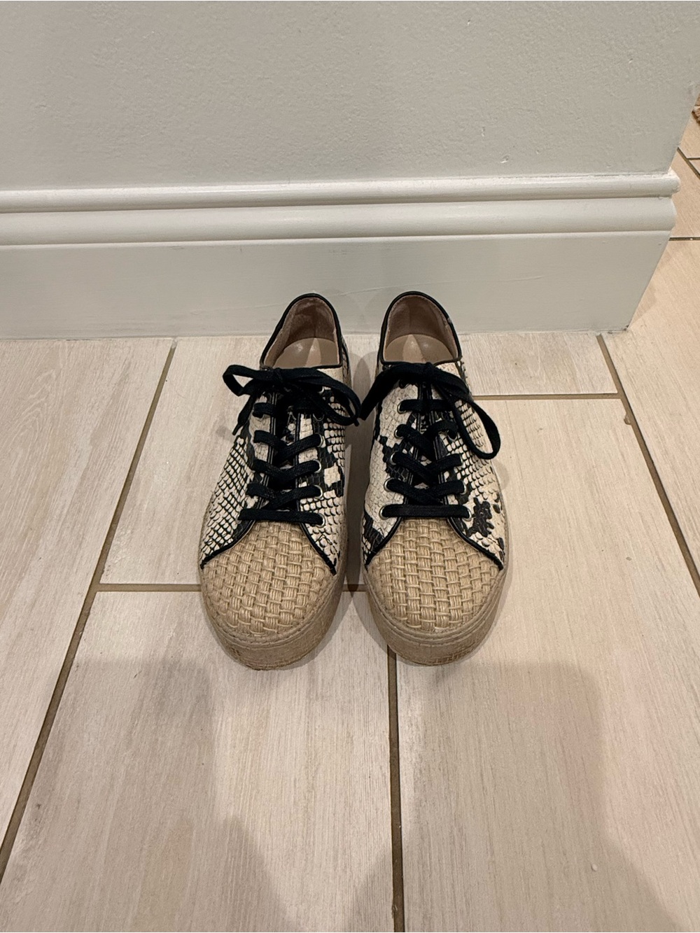Vince Camuto Snake-Print Espadrille Platform Sneakers in Black and Beige